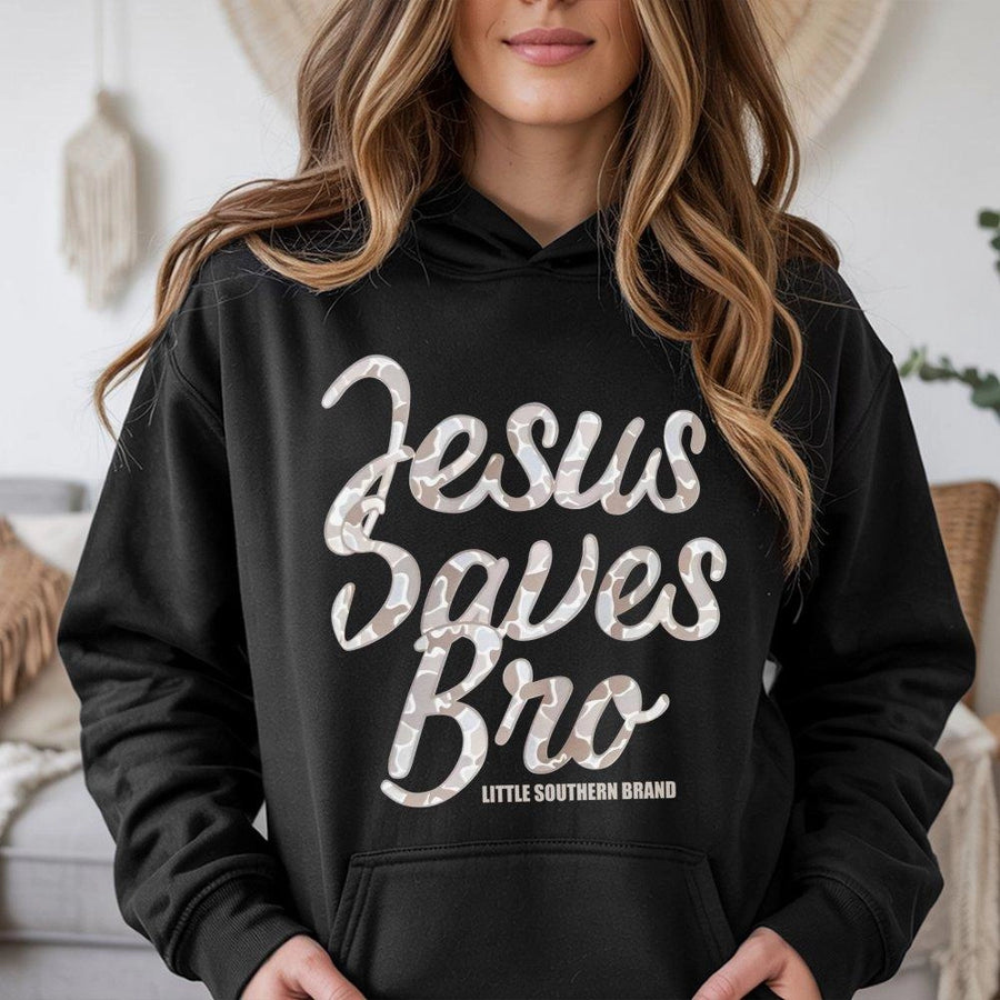 Jesus Saves Bro Hoodie | Camo Print Christian Graphic | Premium Cotton-Blend Fleece | Religious Faith Apparel Gift for Men and Women