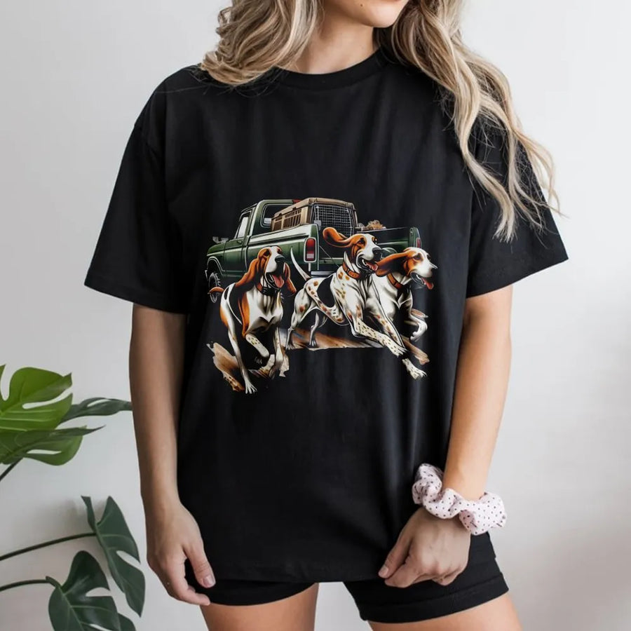Hound Dog T-Shirt | Let Em Run Hunting Pickup Truck Graphic | Premium Cotton Unisex Tee | Gift for Hunters and Outdoor Enthusiasts