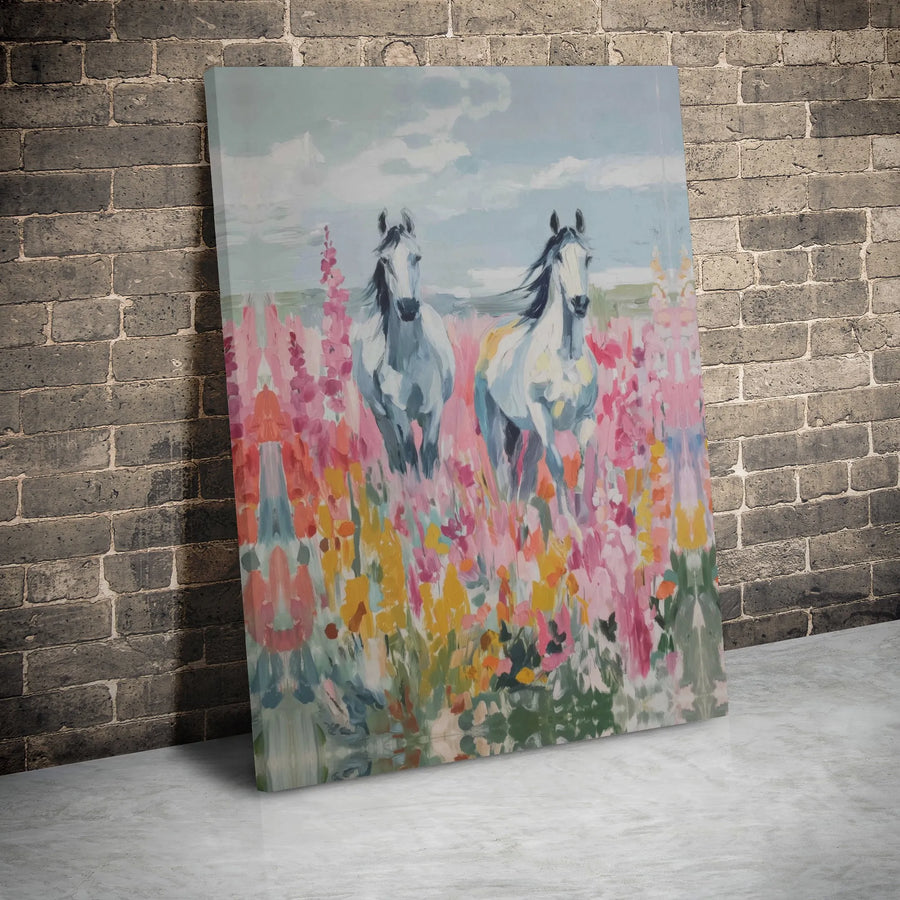 Horse Wall Art Canvas | Two Running Horses in Floral Meadow | Premium Gallery Wrap Print | Western Country Home Decor Gift