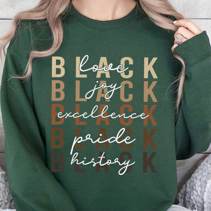 Black History Month Sweatshirt | Black Excellence Love Joy Pride | Premium Cotton Blend Crewneck | Unisex African American Heritage Gift