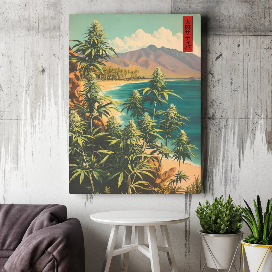 Cannabis Sativa Tropical Beach Canvas | Japanese Art Style Botanical Wall Decor | Premium 1.25-Inch Gallery Wrap | Unique Gift for Weed Enthusiasts