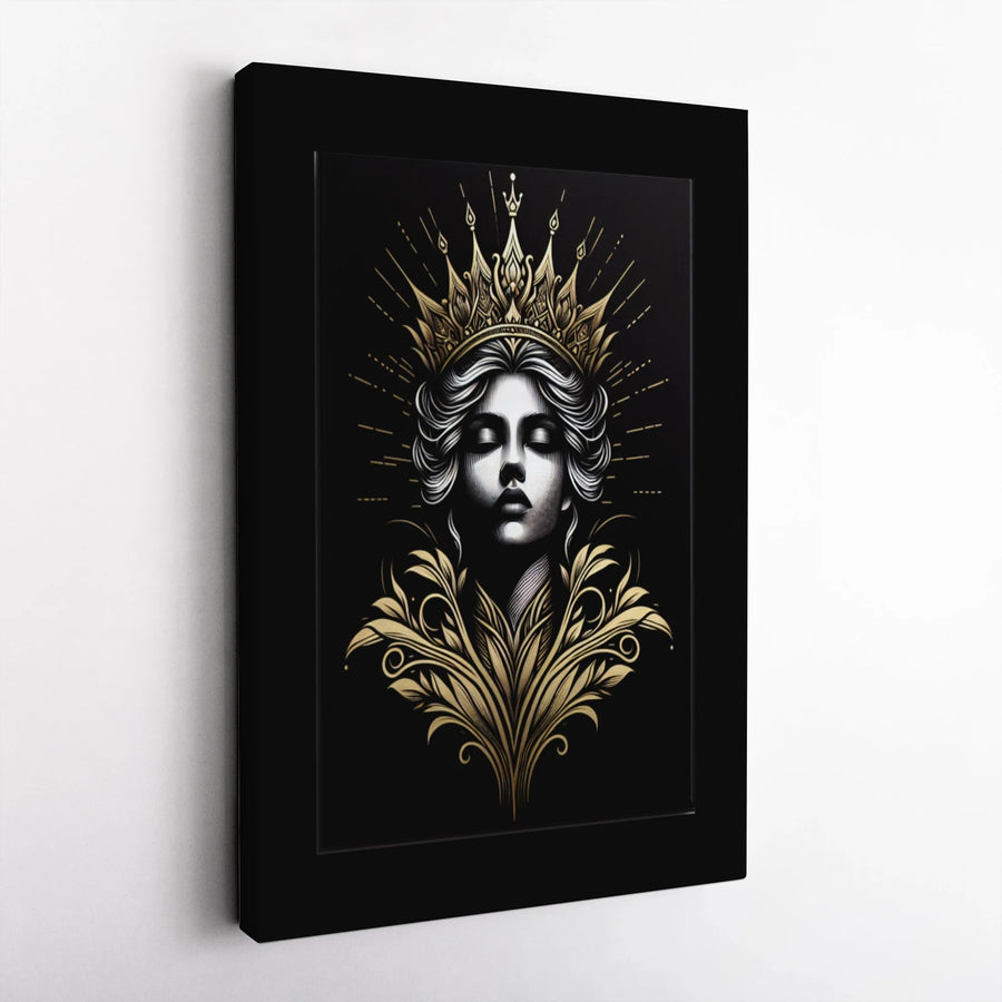 Regal Queen Wall Art | Gold Crown Ornate Portrait Canvas | Premium Gallery Wrapped Print | Sophisticated Home Decor Gift