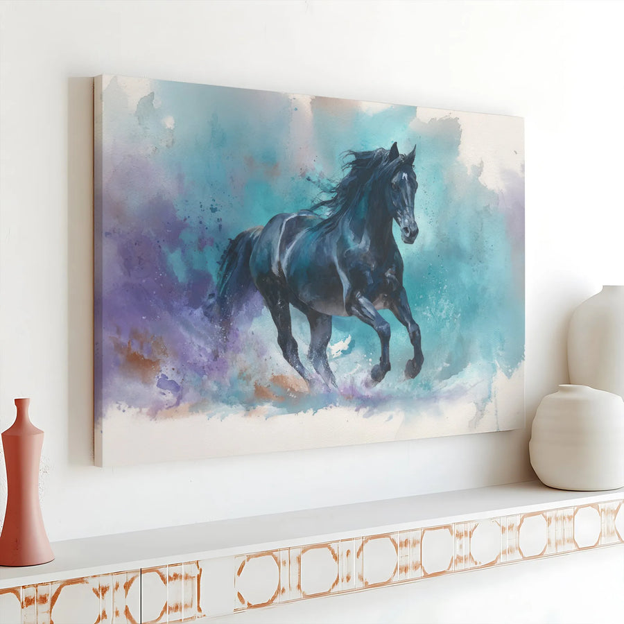 Black Horse Canvas Wall Art | Abstract Watercolor Running Stallion | Premium Gallery Canvas Print | Equestrian Home Decor Gift