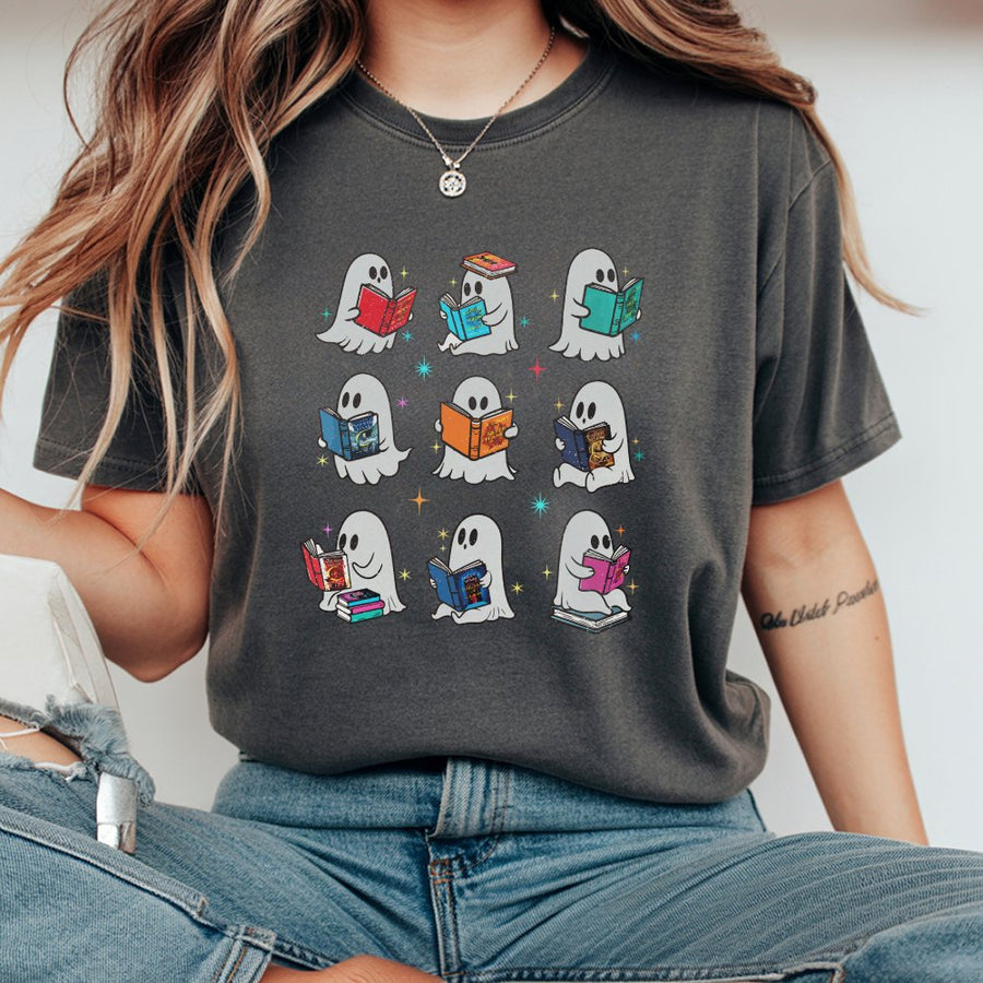 Ghost Reading Books T-Shirt | Cute Spooky Librarian Graphic Tee | 100% Cotton Premium Quality | Gift for Book Lovers and Teachers