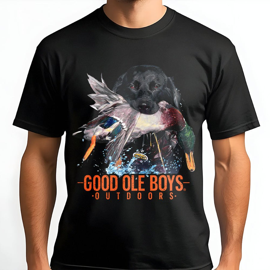 Duck Hunting Retriever T-Shirt | Black Labrador Duck Dog Graphic | Premium 100% Cotton Tee | Wildlife Sportsman Gift for Outdoor Enthusiasts