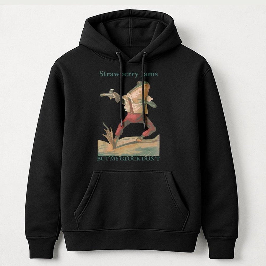 Frog Hoodie Strawberry Jams Meme | Funny Gun-Toting Frog Graphic Design | Premium Cotton Blend Streetwear | Quirky Gift for Men and Women