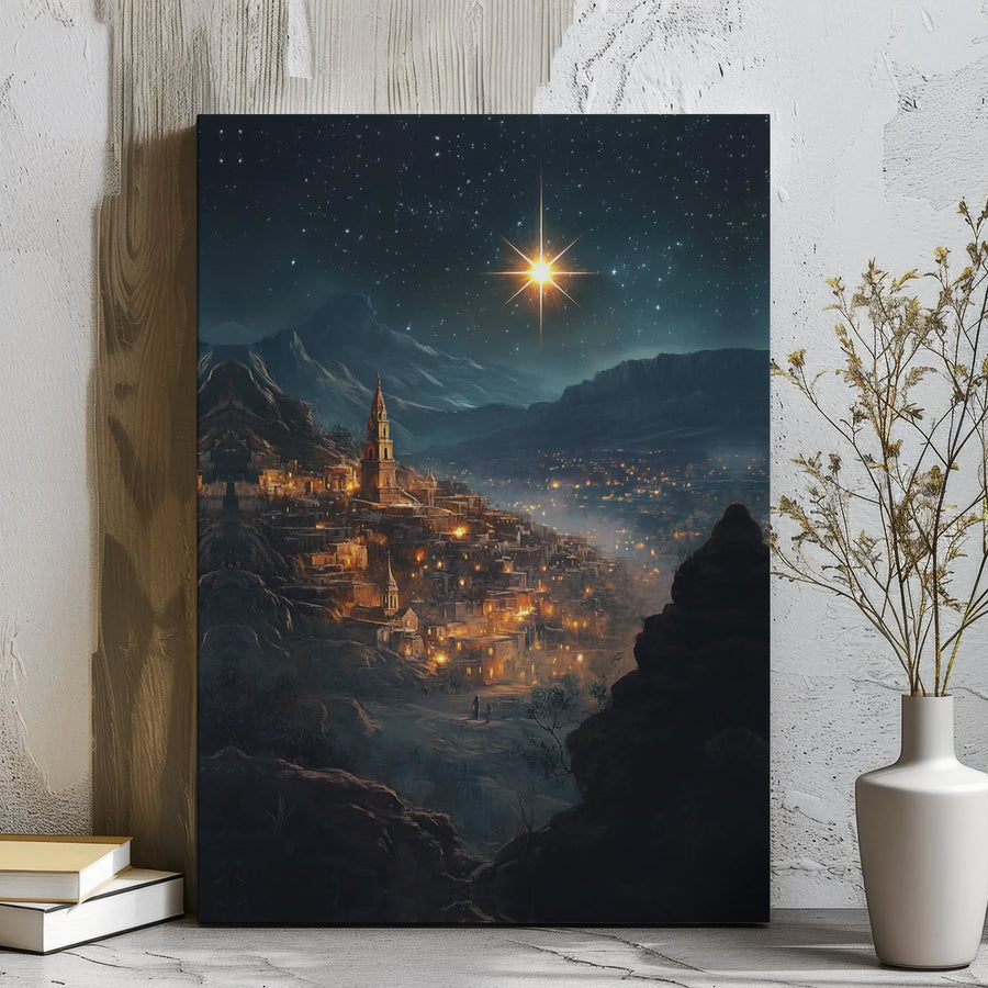 Star of Bethlehem Canvas Art | Nativity Mountain Village Scene | Gallery Wrapped Premium Wall Decor | Religious Christmas Home Gift