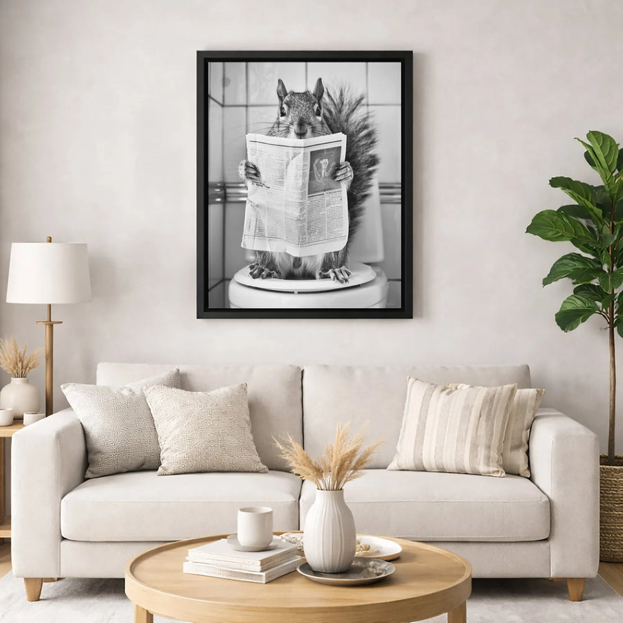 Squirrel Reading Newspaper On Toilet Wall Art | Funny Bathroom Decor | Premium Fade-Resistant Canvas | Whimsical Animal Home Gift