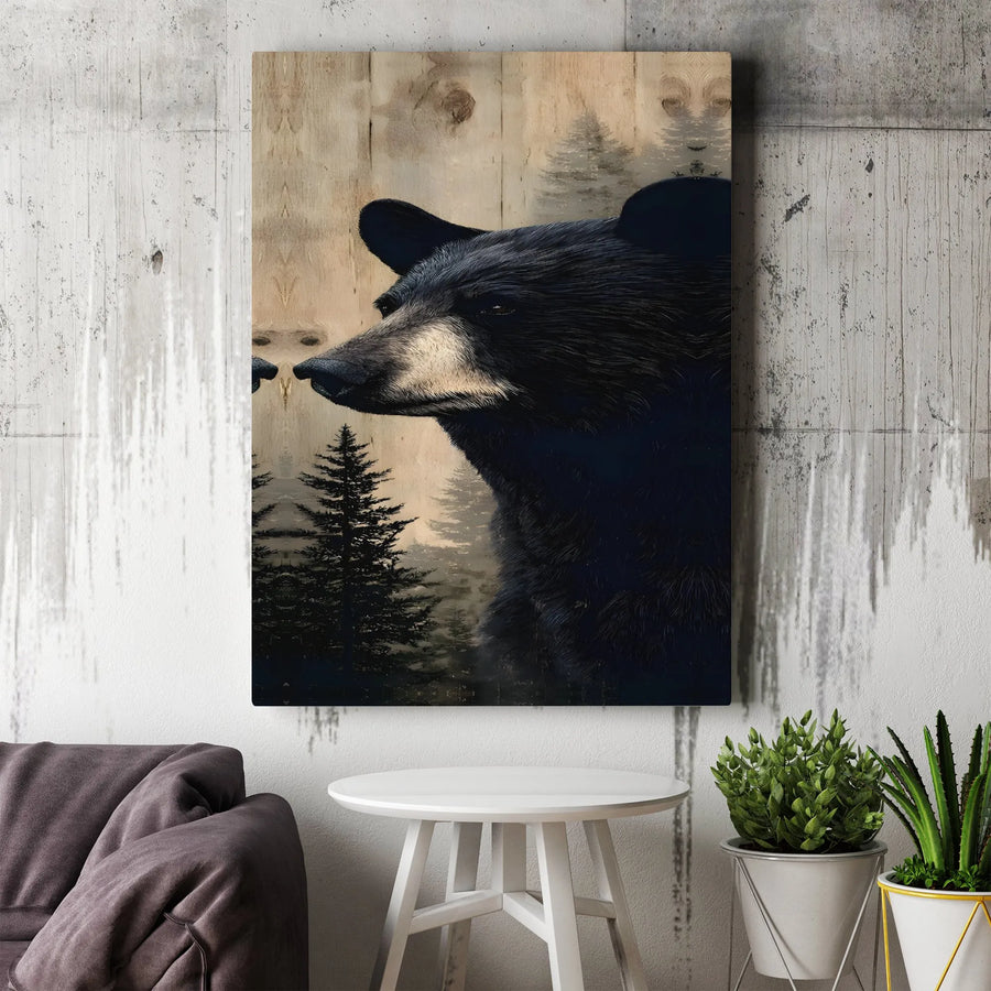 Black Bear Canvas Wall Art | Rustic Pine Forest Wildlife Print | Premium Gallery Wrap Decor | Nature Lover Cabin Gift