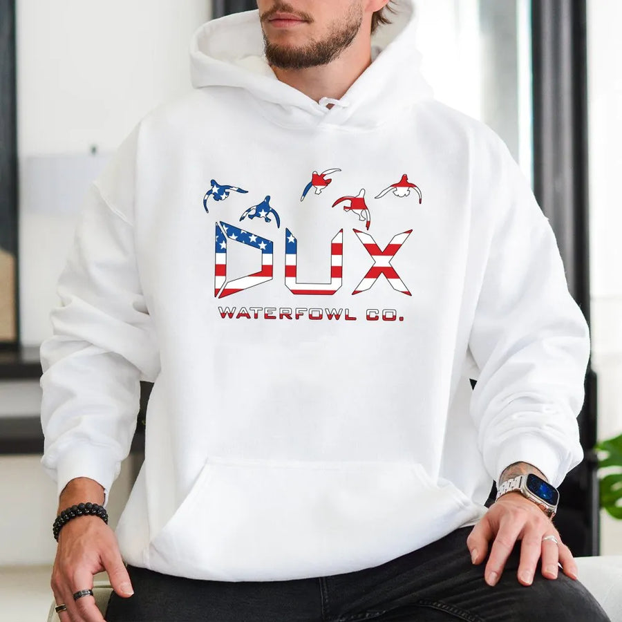 Duck Hunting Hoodie | American Flag Dux Waterfowl Design | Premium Cotton Blend | Gift For Outdoorsmen And Waterfowl Hunters