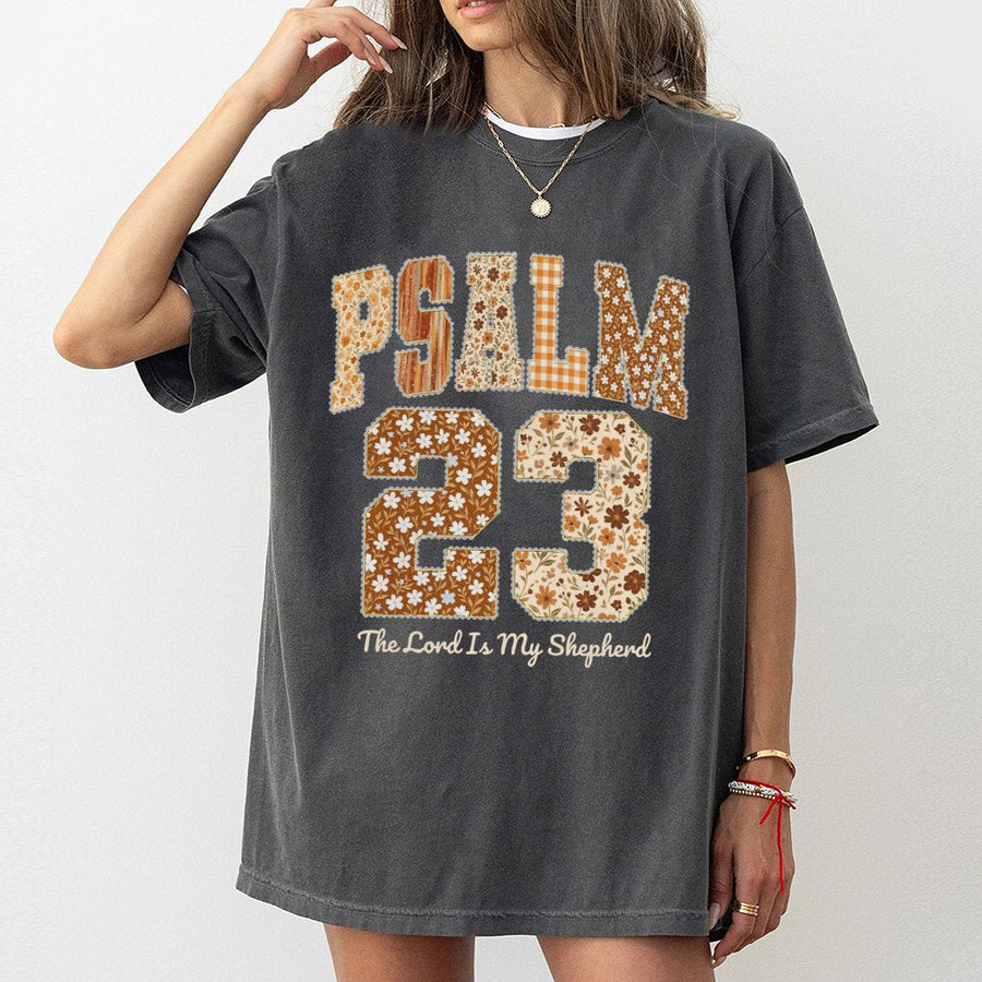 Psalm 23 T-Shirt | Floral Varsity Letter Bible Verse Graphic | Premium Cotton Unisex Crewneck | Christian Faith Gift for Women & Men