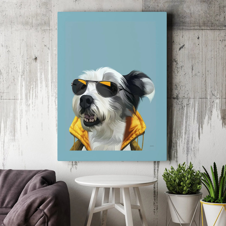 Cool Dog Wall Art Canvas | Shaggy Pup in Sunglasses & Yellow Rain Jacket | Premium Gallery Wrap Print | Fun Pet Lover Home Decor Gift