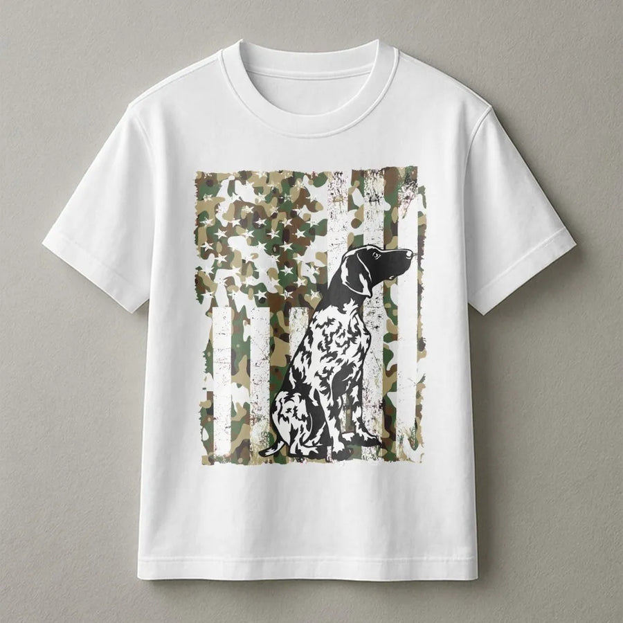 German Shorthaired Pointer T-Shirt | Distressed Camo American Flag Dog Design | 100% Soft Cotton Premium Tee | Unique Hunting Gift for GSP Dog Lovers