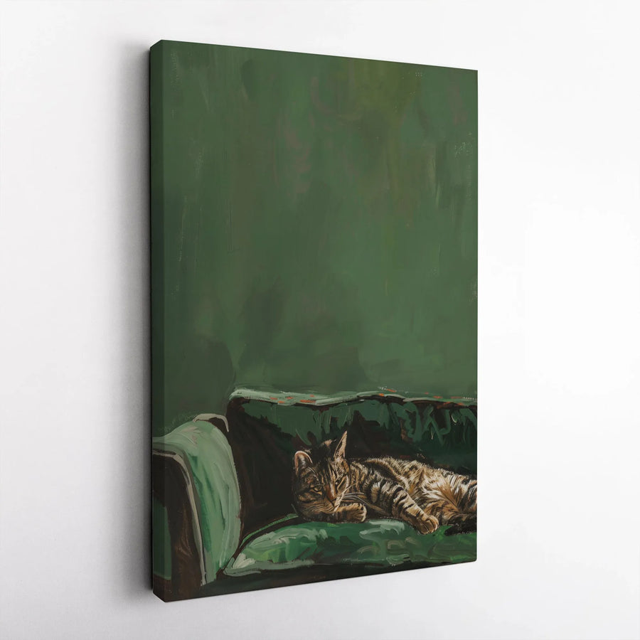 Sleeping Tabby Cat Wall Art | Impressionist Green Couch Painting | Premium Gallery-Wrapped Canvas | Cozy Home Decor Gift for Cat Lovers