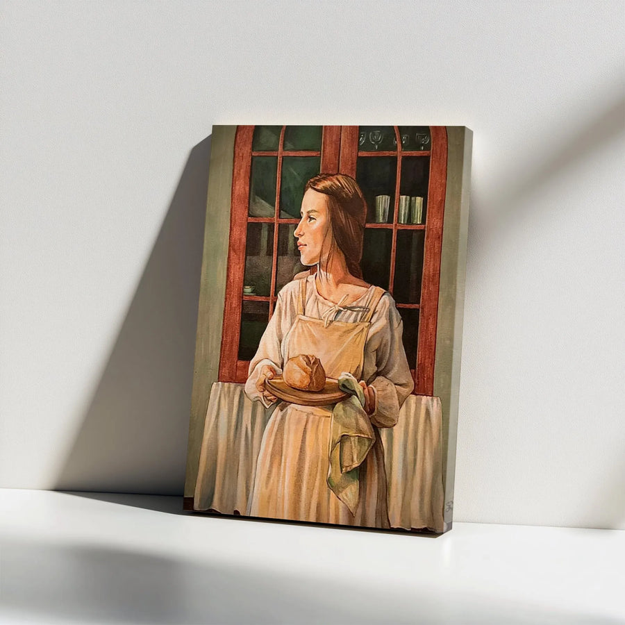 Farmhouse Kitchen Wall Art | Vintage Painting of Woman Baking Bread | Premium Canvas Print | Gift for Baker & Rustic Cottagecore Home Decor