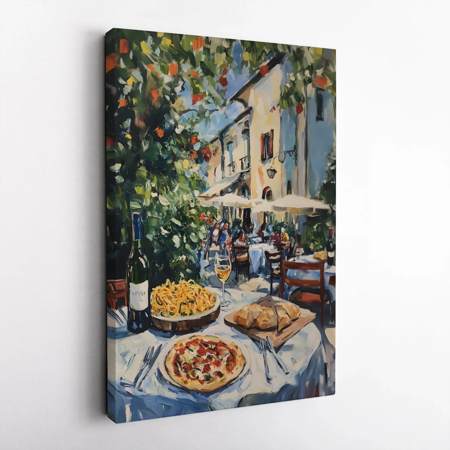 Italian Restaurant Canvas Wall Art | Impressionist Pizza & Wine Dining Scene | Premium Thick Gallery Wrap Canvas | Kitchen Decor Foodie Gift