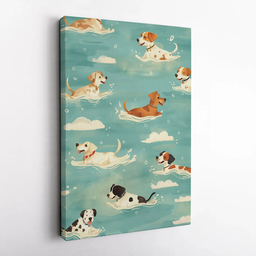 Dog Wall Art Canvas | Cute Swimming Puppies Illustration | Premium Fade-Resistant Print | Animal Lover Home Decor Gift