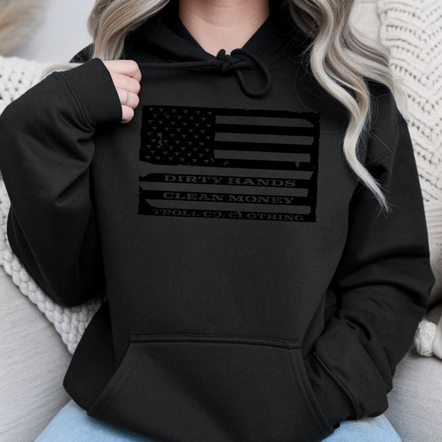 Dirty Hands Clean Money Hoodie | American Flag Graphic Workwear | Premium Cotton Blend | Gift for Blue Collar Worker