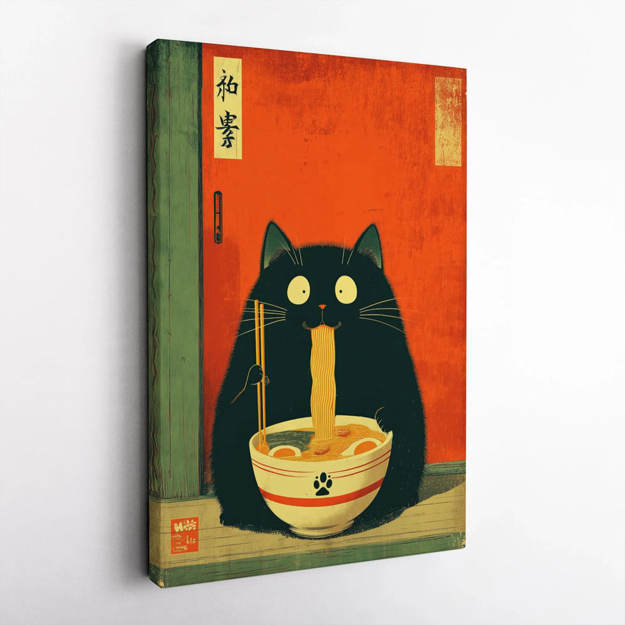 Funny Black Cat Ramen Canvas Wall Art | Vintage Japanese Ukiyo-e Style Print | Premium 1.25" Gallery Wrap | Unique Kitchen Decor Gift for Cat Lovers