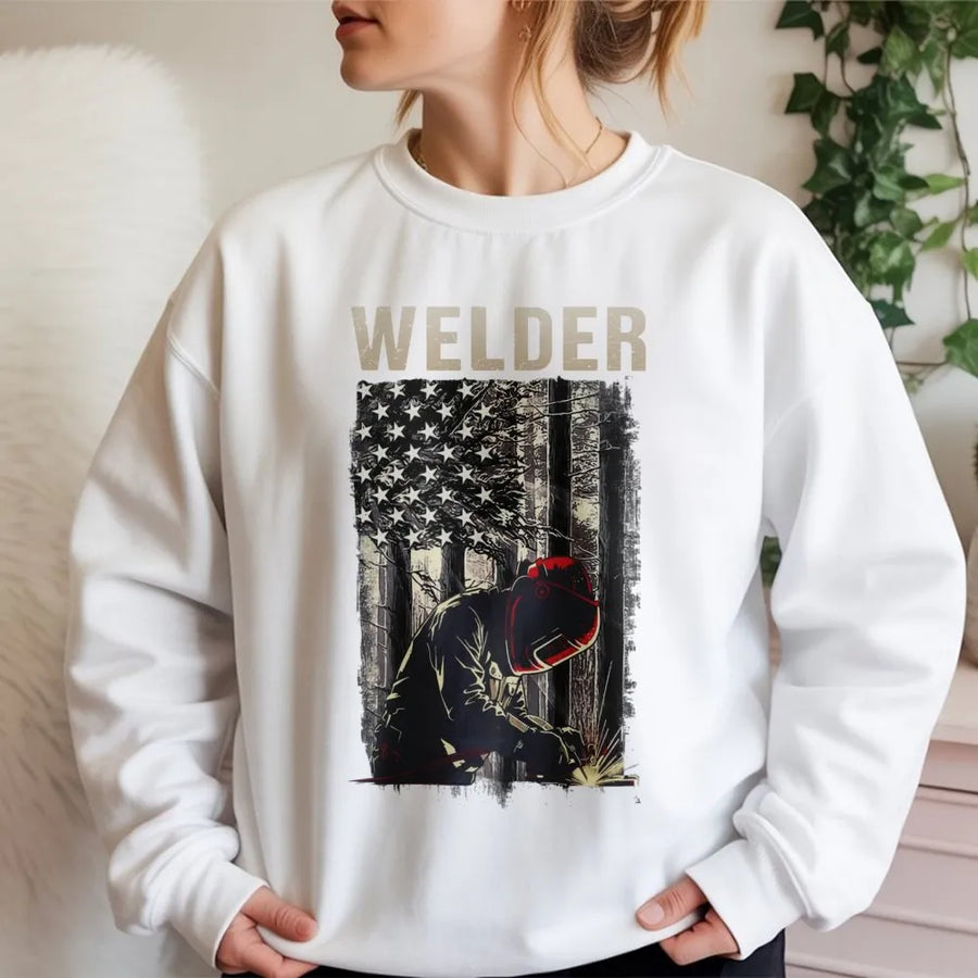Welder Sweatshirt | American Flag Welding Graphic | Premium Cotton Blend | Patriotic Gift for Professional Welder or Metal Worker