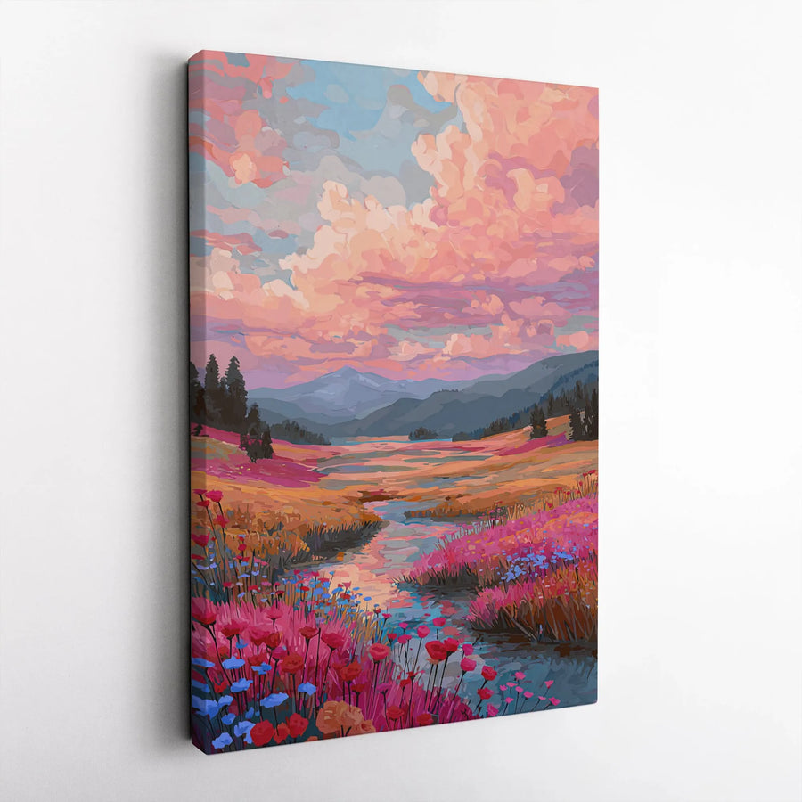 Mountain Landscape Canvas Wall Art | Pink Sunset Wildflower River Print | 1.25" Gallery Wrap | Premium Nature Decor for Home and Office