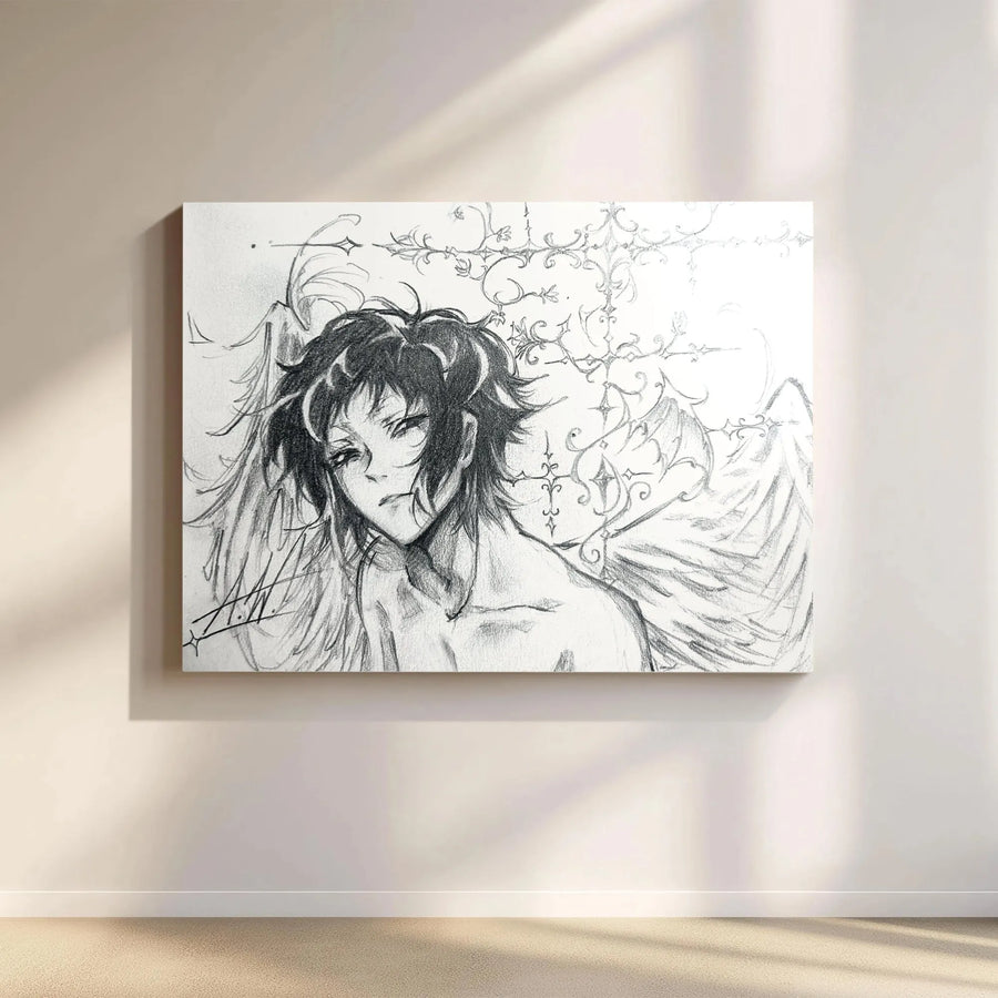 Anime Angel Canvas Wall Art | Gothic Filigree Pencil Sketch Print | Premium 1.25" Gallery Wrap | Dark Aesthetic Decor for Bedroom or Studio