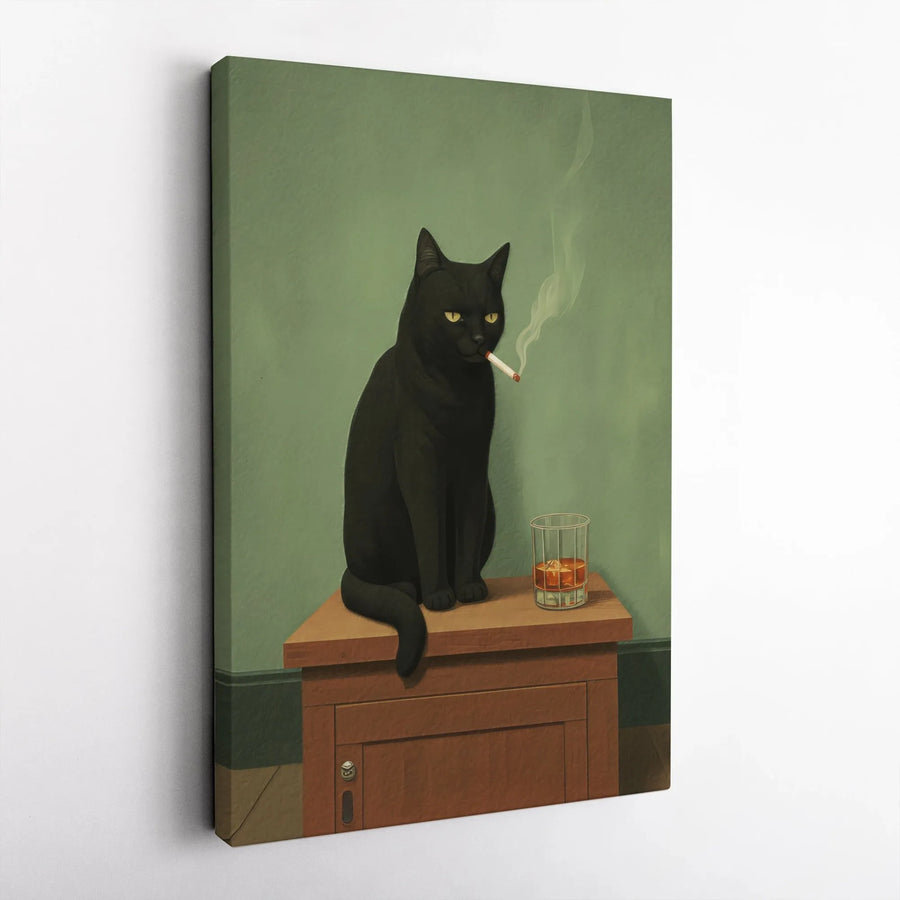 Black Cat Smoking Cigarette Wall Art | Whiskey Drinker Retro Illustration | Premium Gallery Wrapped Canvas | Quirky Home Decor Gift