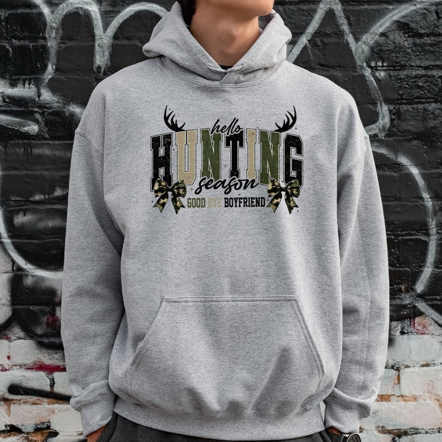 Hello Hunting Season Goodbye Boyfriend Hoodie | Coquette Camo Bow Graphic | Premium Cotton Blend | Funny Hunter Gift for Women