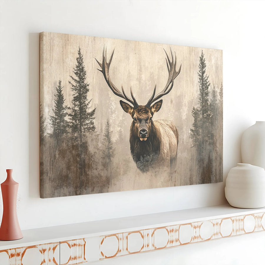 Bull Elk Wall Art | Misty Pine Forest Nature Landscape | Premium 1.25-Inch Gallery Wrap Canvas | Rustic Lodge Decor for Nature Lovers