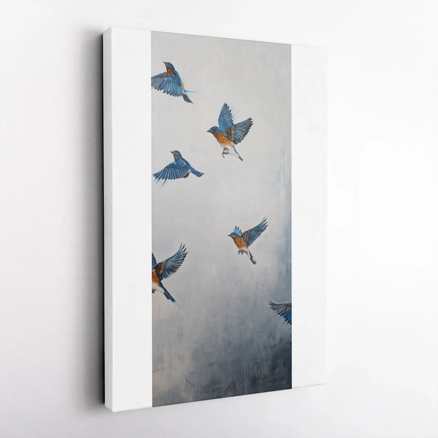 Flying Bluebirds Vertical Canvas | Painterly Flock of Birds Wall Art | Premium Thick Gallery Wrap | Nature Lover Gift & Modern Home Decor