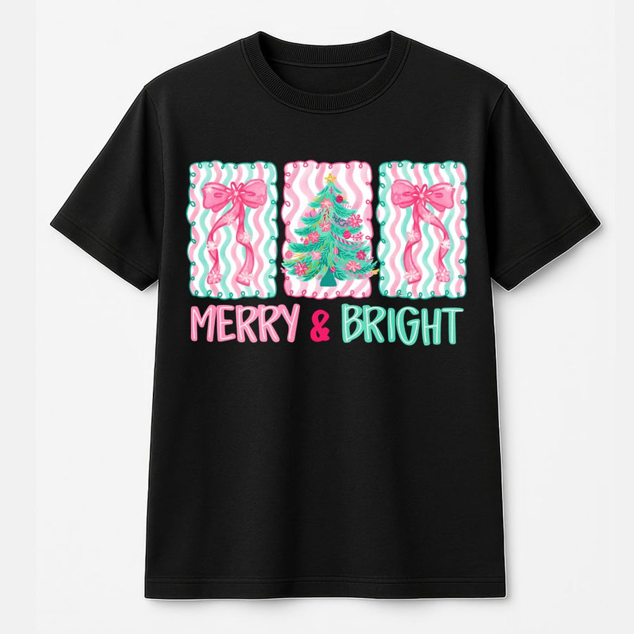 Merry & Bright Christmas T-Shirt | Pastel Tree And Bows Graphic | Premium 100% Cotton | Cute Holiday Gift For Women