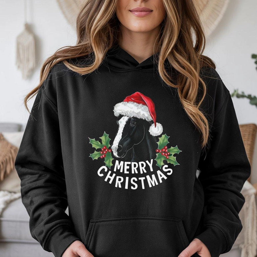 Horse Merry Christmas Hoodie | Festive Santa Hat Equestrian Graphic | Premium Soft Fleece Pullover | Cute Animal Lover Holiday Gift For Her