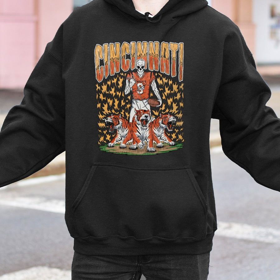 Cincinnati Bengals Skeleton Football Player With Tigers And Flames Hoodie