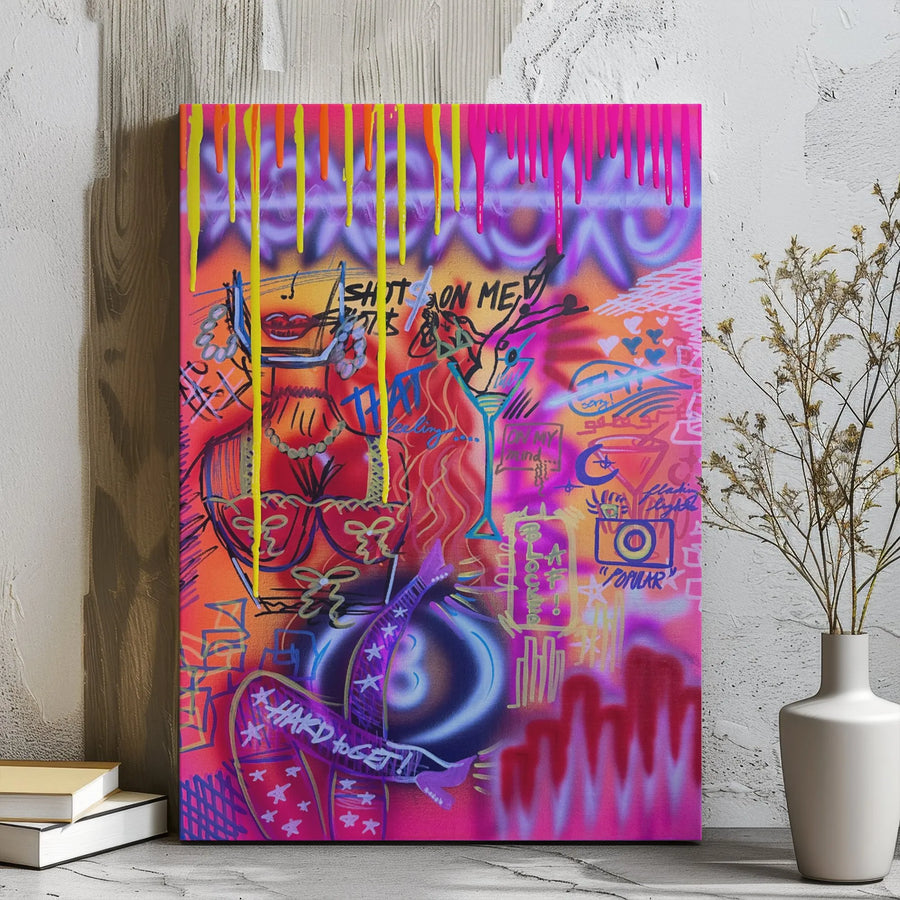 Neon Graffiti Wall Art | Edgy Street Style Fashion Illustration | Premium Gallery Wrap Canvas | Bold Pop Art Decor for Bedroom or Studio