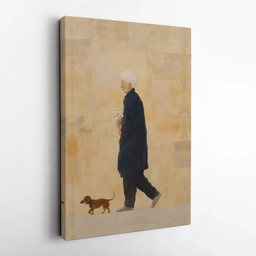 Vintage Man and Dachshund Canvas Print | Minimalist Dog Walker Painting with Flowers | Gallery Quality Wall Decor | Unique Art Gift for Dog Lover