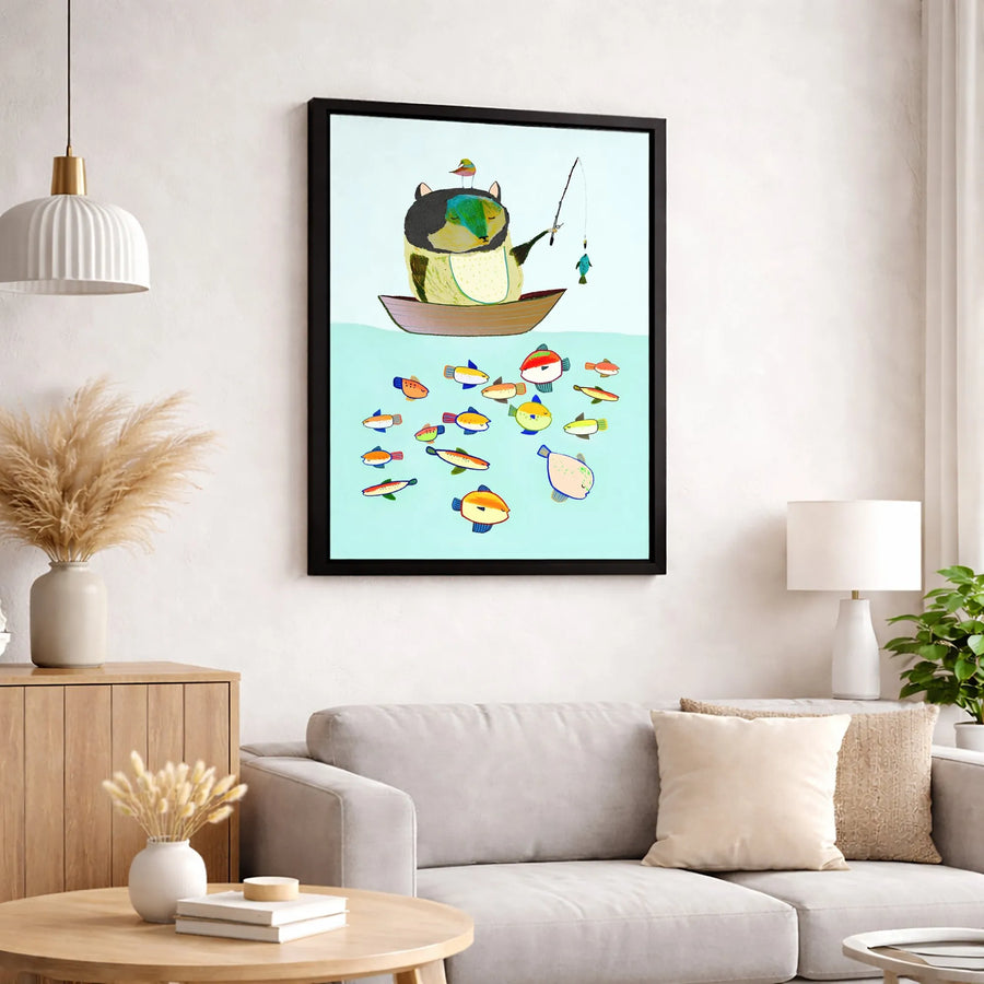 Whimsical Cat Fishing Canvas Wall Art | Colorful Nautical Animal Illustration | Premium Gallery Wrapped Print | Cute Nursery Or Office Decor Gift