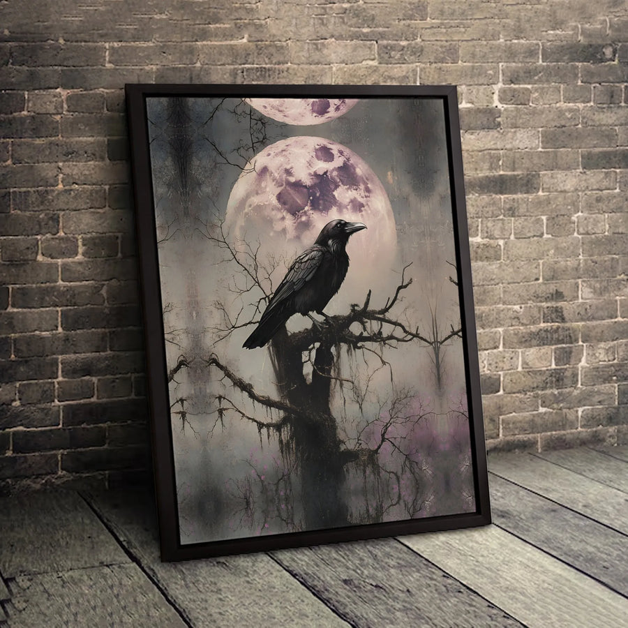 Gothic Raven Wall Art | Spooky Full Moon Forest Landscape | Premium 1.25-Inch Gallery Canvas | Dark Academia Home Decor Gift