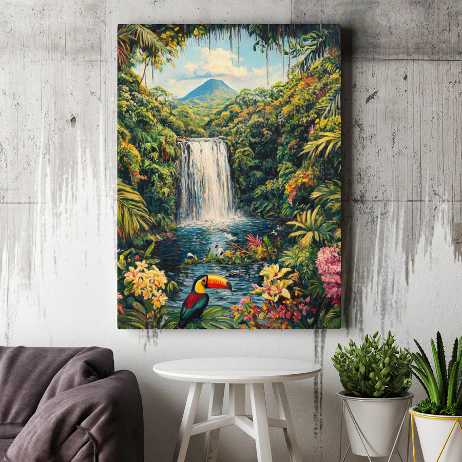 Jungle Waterfall Canvas Print | Tropical Toucan and Volcano Art | Premium Fade-Resistant Canvas | Nature Lover Wall Decor Gift