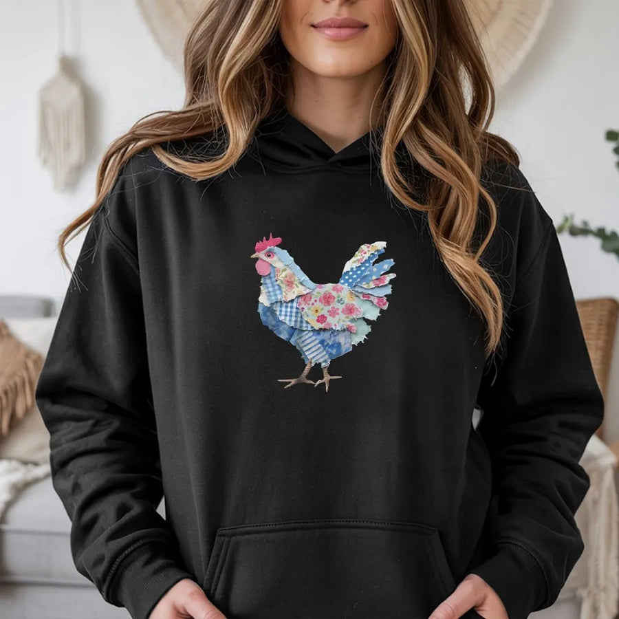 Farmhouse Chicken Hoodie | Rustic Faux Patchwork Hen Graphic | Soft Cotton Blend Pullover | Country Style Easter Gift for Women