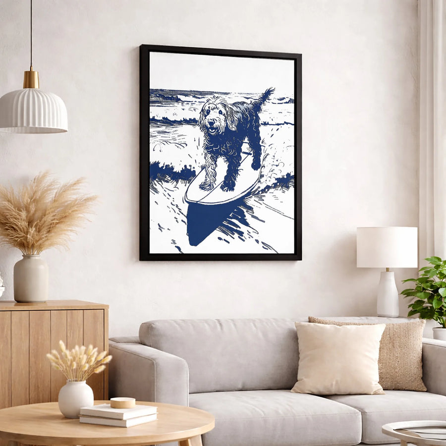 Surfing Doodle Dog Canvas Wall Art | Ocean Waves Sketch Print | Gallery-Quality 1.25 inch Stretched Canvas | Beach House Decor Gift for Dog Lovers