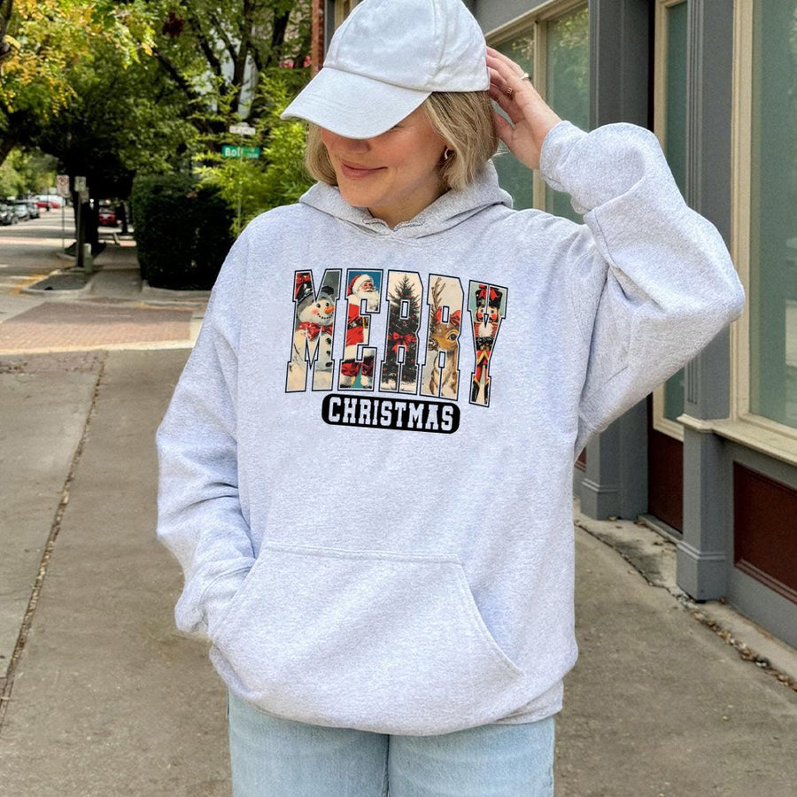 Merry Christmas Hoodie | Retro Vintage Holiday Characters Design | Premium Cotton-Poly Blend | Festive Unisex Gift for Christmas Lovers