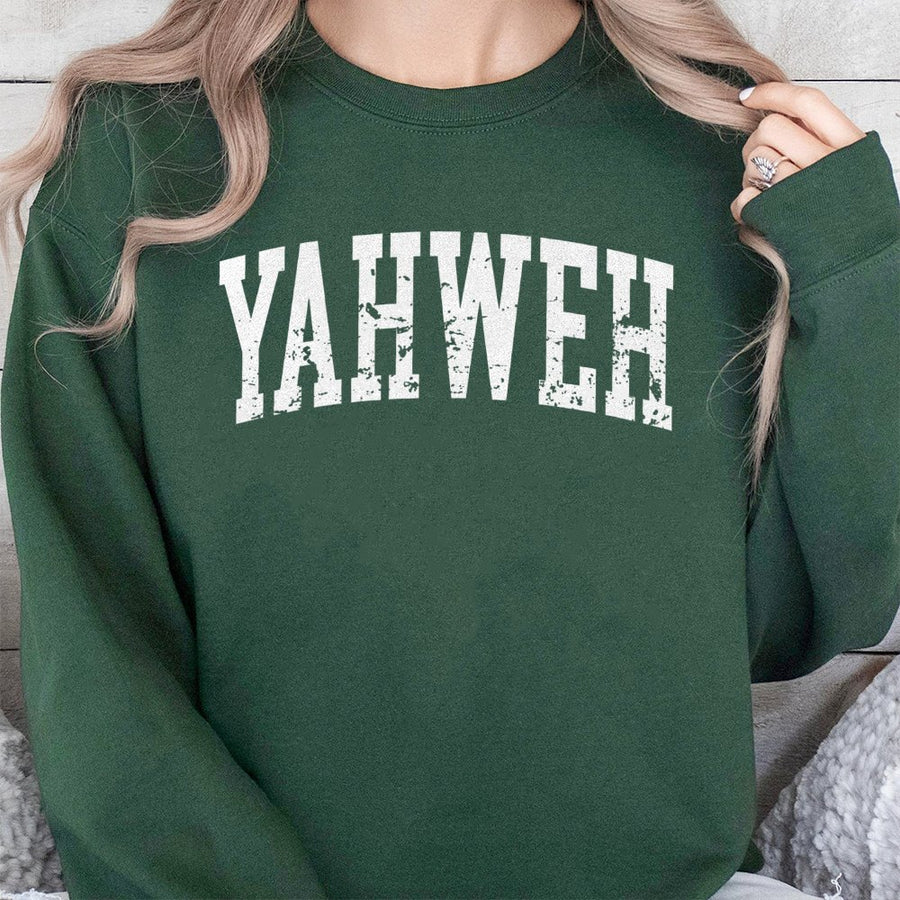 Yahweh Christian Sweatshirt | Distressed Varsity Text Graphic | Soft Cotton-Poly Blend | Religious Faith Gift For Believers