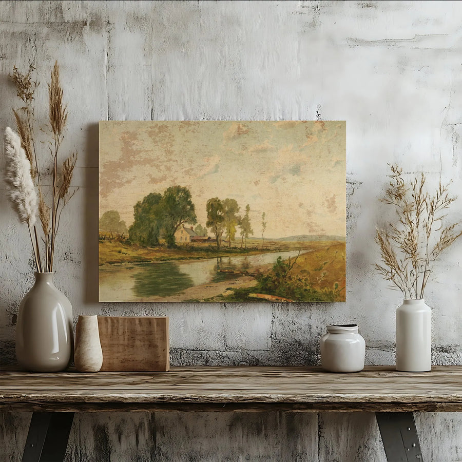 Vintage River Landscape Canvas Art | Farmhouse Pastoral Scene Wall Decor | 1.25-Inch Gallery Wrap Premium Print | Classic Countryside Home Gift