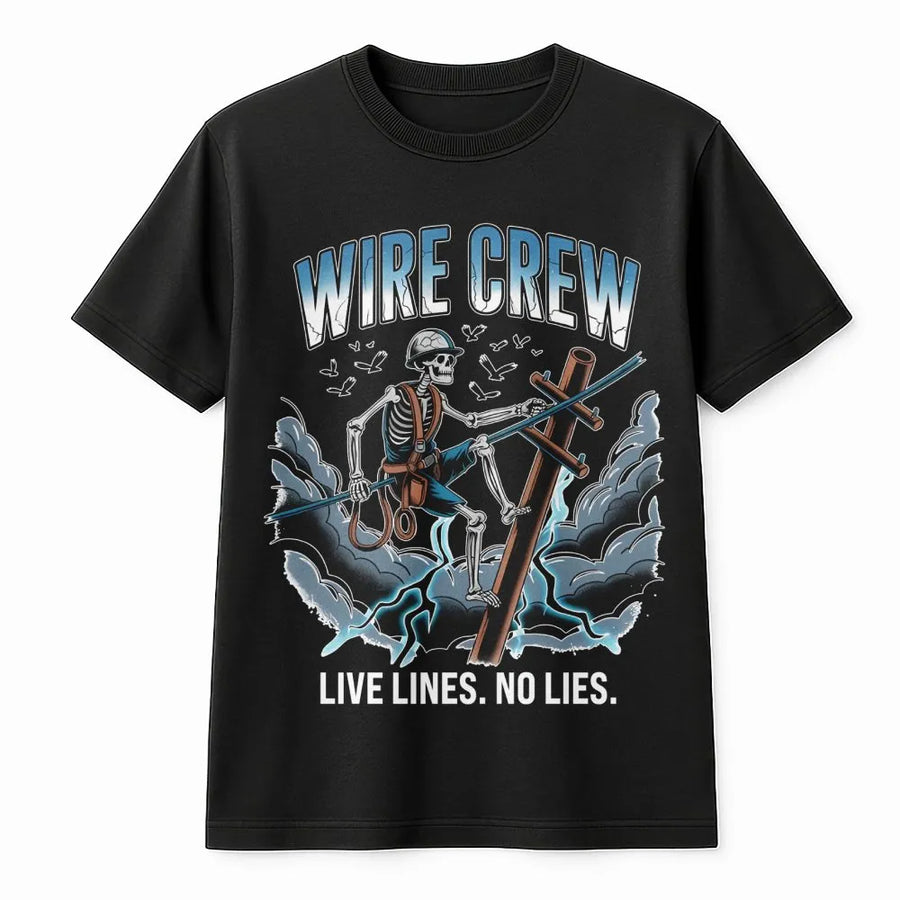Lineman Skeleton T-Shirt | Wire Crew Electric Utility Design | 100% Cotton Graphic Tee | Funny Lineman Gift for Electricians & Power Line Workers