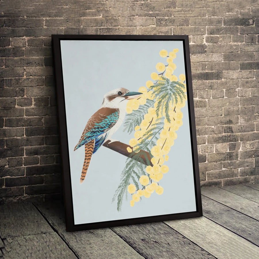 Australian Kookaburra Wall Art | Native Wattle Flower Illustration | Premium Gallery Wrapped Canvas | Nature Lover Gift Home Decor