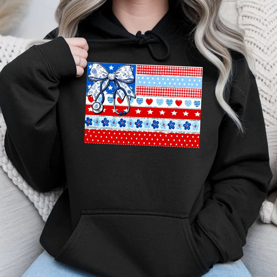 Patriotic Nurse Hoodie | American Flag Coquette Bow Graphic | Soft Cotton Blend Sweatshirt | 4th of July Gift for RN LPN