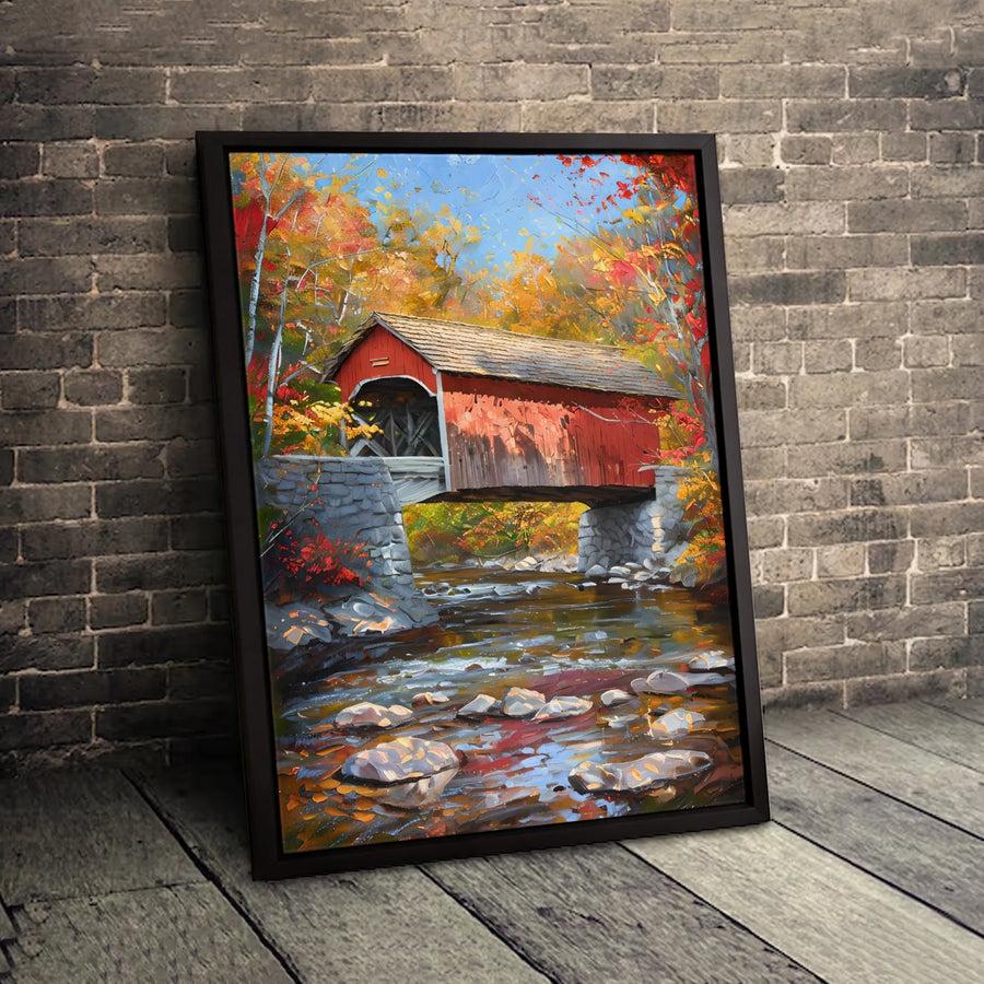 Red Covered Bridge Canvas Wall Art | Autumn Forest Landscape Painting | Premium Gallery-Wrapped 1.25" Profile | Rustic Home Decor Print