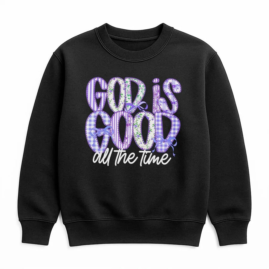 God Is Good Christian Sweatshirt | Preppy Gingham Floral Design | Premium Cotton-Blend Pullover | Inspirational Faith Based Gift for Women