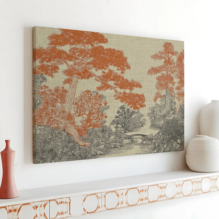 Japanese Landscape Canvas Wall Art | Vintage Etched Pine Trees & Bridge | Premium Gallery Wrap Print | Zen Home Decor & Office Gift