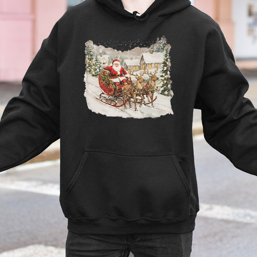 Vintage Santa Claus Sleigh Hoodie | Snowy Christmas Village Graphic | Premium Cotton Blend Sweatshirt | Cozy Holiday Gift for Women and Men
